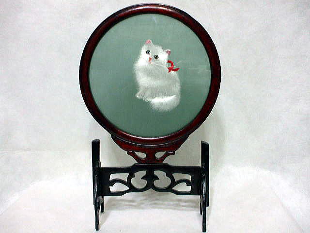 両面刺繍「白猫」 中国工芸品