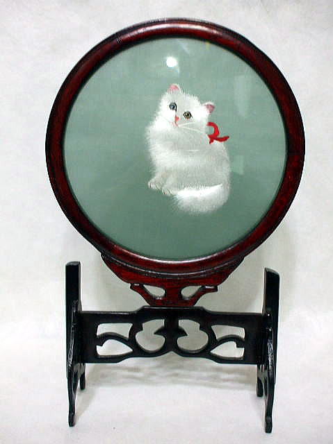 両面刺繍「白猫」 中国工芸品
